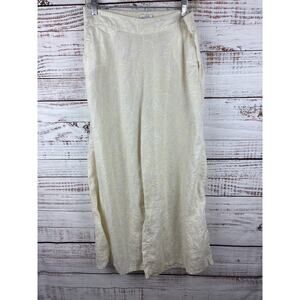 Womens Nicole Miller Linen Cream Tropical Pull On Flowy Wide Leg Crop Pants L